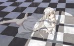  barefoot brown_eyes checkered checkered_floor chin_rest dress feet kasugano_sora leg_up long_hair lying mikaze_takashi on_floor on_stomach shade solo toe_scrunch white_hair window_shade yellow_eyes yosuga_no_sora 