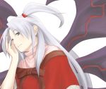  grey_eyes hair_bobbles hair_ornament hands lavender_hair long_hair multiple_wings ribbon serene_(gusarme) shinki side_ponytail simple_background smile solo touhou turtleneck wings 