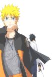  2boys black_hair blonde_hair blue_eyes fingerless_gloves fishnet_shirt fishnets gloves headband jacket jewelry male naruto simple_background sword uchiha_sasuke uzumaki_naruto weapon 