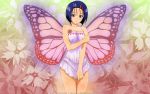  blue_eyes blue_hair blush butterfly_wings flower hair_clip lingerie negligee sairenji_haruna short_hair solo toloveru wallpaper wings 