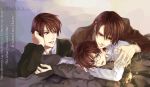  bed brown_hair glasses hands harry_james_potter harry_potter lying male medallion numeri_(pixiv) open_mouth red_eyes short_hair tom_marvolo_riddle yaoi 