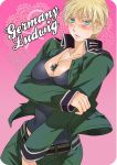  axis_powers_hetalia blonde_hair blush breasts genderswap germany_(hetalia) jewelry military military_uniform necklace short_hair solo uniform 