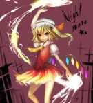  &gt;:) arm_up ascot bad_id blonde_hair english fire flandre_scarlet hands lips magic red_eyes short_hair side_ponytail signature smile solo tcb touhou wings 