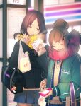  bandaid brown_eyes brown_hair candy cellphone closed_eyes coat earbuds earphones food hair_bun hair_ornament hairclip juuden laughing lollipop mushroom necktie original phone pleated_skirt scarf school_uniform skirt sweater_vest 