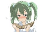  broken face green_eyes green_hair hair_bobbles hair_ornament kisume sketch solo tears touhou translated twintails wood 