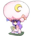 :&lt; book chibi crescent crescent_moon cup cushion flat_gaze hat highres kneeling long_hair looking_back oversized_object patchouli_knowledge purple_eyes purple_hair simple_background sitting solo touhou transparent_background violet_eyes wariza yassy 