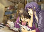  black_eyes black_hair book glasses green_eyes indoors library long_hair male multiple_boys ponytail raven reading smile tales_of_(series) tales_of_vesperia yuri_lowell 