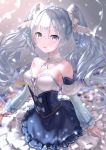  1girl bangs bare_shoulders blue_bow blue_dress blue_eyes blue_hair blurry blurry_background blush bow breasts cleavage commentary detached_collar detached_sleeves dress earrings eyebrows_visible_through_hair frilled_dress frills fur_trim gem hair_between_eyes hair_ornament hairband hatsune_miku highres japanese_clothes jewelry juliet_sleeves kachayori kimono long_hair long_sleeves looking_at_viewer medium_breasts musical_note musical_note_hair_ornament open_mouth petticoat puffy_sleeves smile snow snowflake_print snowflakes solo standing strapless tiara twintails uchikake very_long_hair vocaloid yuki_miku 