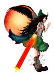  arm_cannon arugeri black_wings boots bow brown_hair cape danmaku energy hair_bow highres large_bow long_hair profile red_eyes reiuji_utsuho salute smile touhou waving weapon wings 