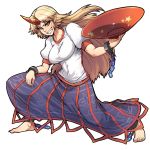 barefoot blonde_hair breasts chain claws cuffs feet fingernails grin hands highres horn hoshiguma_yuugi large_breasts long_fingernails long_hair long_skirt muscle pointy_ears red_eyes sakazuki sake skirt smile solo tomoyohi touhou transparent_background