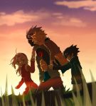   blonde_hair blue_hair breasts clouds dress grass green_eyes haruno_sakura hatake_kakashi headband holding_hands insignia naruto pants piggyback pink_hair shirt shoes shorts silver_hair sky sleeping smile spiky_hair stars sunset uchiha_sasuke uzumaki_naruto whiskers  