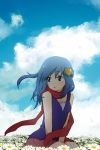  blue_eyes blue_hair cloud clouds flower flower_field hikari_(pokemon) long_hair more_(ambiva) pokemon scarf skirt sky solo 