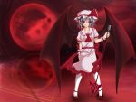  blue_hair full_moon hat microphone microphone_stand moon pantyhose pigeon-toed pointy_ears red_eyes red_moon remilia_scarlet saxasa_kisuk short_hair spear_the_gungnir touhou wings 
