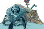  armor cat feeding fullmetal_alchemist lead_pipe lion mukuo pipe red_eyes road_sign sign sitting solo 