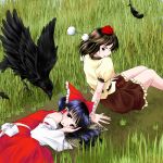  black_hair bow detached_sleeves hair_bow hakurei_reimu hat japanese_clothes long_hair multiple_girls red_eyes seki_juuen shameimaru_aya skirt tokin_hat tomaru_(twinstar) touhou 