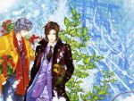  2boys ayumi_kasai bouquet brown_eyes brown_hair flower gift hands_in_pockets highres kasai_ayumi leaf male multiple_boys necktie rose scarf silver_hair snow striped trench_coat wallpaper wings 