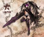  armor belt beltskirt black_hair black_rock_shooter boots chain chains gauntlets gencoupb glowing glowing_eyes greaves highres huge_weapon insane_black_rock_shooter long_hair midriff navel pale_skin purple_eyes scar shorts solo stitches thigh-highs thigh_boots thighhighs twintails violet_eyes weapon 