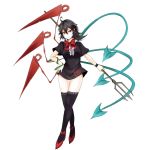  black_hair black_legwear bow dress fang frills highres houjuu_nue lace lace-trimmed_thighhighs legs pointy_ears polearm red_eyes short_dress snake solo takaharu thigh-highs thighhighs touhou transparent_background trident weapon wings wristband zettai_ryouiki 