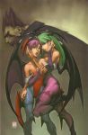  2girls :o absurdres arm_grab arnold_tsang ass bangs bare_shoulders bat bat_wings blue_legwear blue_pantyhose boots breasts bridal_gauntlets brown_hair capcom center_opening cleavage collarbone darkstalkers demitri_maximoff demon_girl flat_chest frown fur_trim green_eyes green_hair grin hair_between_eyes hand_on_another's_face hand_on_thigh head_wings headwings high_heels highleg highleg_leotard highres hug incest large_breasts leg_lift legs leotard lilith_aensland lipstick long_hair looking_at_viewer looking_away looking_back morrigan_aensland multiple_girls naughty_face open_mouth pantyhose parted_lips print_pantyhose profile purple_hair purple_legwear purple_pantyhose red_eyes scan shoes short_hair siblings sideboob signature sisters smile spiked_hair standing standing_on_one_leg succubus udon_eantertainment udon_entertainment vampire vampire_(game) wings yuri 