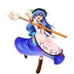 blue_hair food fruit hat highres hinanawi_tenshi leaf long_hair long_skirt nanatsu_(chatge) peach red_eyes skirt sword sword_of_hisou touhou transparent_background weapon