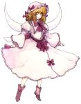  bad_id blonde_hair curly_hair frills hat highres lewis luna_child multiple_wings ribbon shoes short_hair simple_background smile solo touhou traditional_media transparent_background watercolor_(medium) wide_sleeves wings yellow_eyes 
