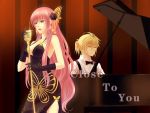  black_dress blonde_hair bow breasts butterfly_wings cleavage closed_eyes dress earrings female flower formal gloves grand_piano hair_flower hair_ornament instrument jewelry kagamine_len long_hair male matsukaze_(chen7yue) megurine_luka microphone microphone_stand piano pink_hair sitting suit vocaloid wings 