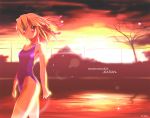  beatmania blonde_hair one-piece_swimsuit original red_eyes solo sunset swimsuit sys.ao 