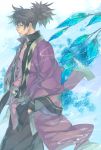  black_hair blue_background green_eyes highres male ponytail raven smile solo tales_of_(series) tales_of_vesperia yukiya 