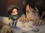  2boys :&lt; black_hair boots bread cape chibi crossed_arms eren_jaeger food green_eyes jacket miniboy multiple_boys oborohizuki_no_misago rivaille shingeki_no_kyojin size_difference spoon 