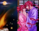  1boy 1girl bad_id couple drill_hair flower genderswap glasses hetero hikari_(zanxnen) japanese_clothes kasane_ted kasane_teto kimono long_hair male moon night pink_hair short_hair singing twintails utau 