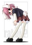  brown_eyes bunny_ears bunny_tail frilled_skirt frilly_skirt happy leaning_forward looking_back open_mouth original pink_hair rabbit_ears school_uniform shibacha short_hair solo tail thigh-highs thighhighs 