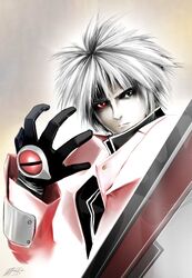  blazblue gloves heterochromia male modus ragna_the_bloodedge short_hair signature silver_hair 