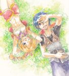  blonde_hair blue_eyes blue_hair braid child chrono_cross grass jewelry kid_(chrono_cross) lying midriff mihoka necklace ponytail serge skirt smile traditional_media vest watercolor_(medium) 