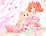  2girls blonde_hair bow bracelet brown_eyes cake candy doughnut dress food food_as_clothes food_themed_clothes futaba_anzu hair_bow hair_ornament idolmaster idolmaster_cinderella_girls jewelry lollipop moroboshi_kirari multiple_girls necklace shoes sitting star star_hair_ornament striped striped_legwear stuffed_animal stuffed_toy sweets teddy_bear thighhighs twintails 