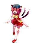  :d absurdres animal_ears bag bow brown_hair cat_ears cat_tail chen fang gradient_hair hat highres jewelry mary_janes multicolored_hair multiple_tails open_mouth red_eyes ryosios shoes short_hair simple_background single_earring smile solo tail touhou white_background white_legwear 
