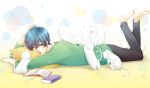  animal barefoot blue_eyes blue_hair book bookmark cat kaito pillow short_hair smile vocaloid wink 