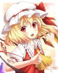  arm_up ascot blonde_hair blush bust fang flandre_scarlet hat hat_ribbon mount_whip open_mouth red_eyes red_string ribbon side_ponytail smile solo sparkle string touhou vampire wings 