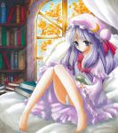  absurdres autumn barefoot bed book bookshelf colored_pencil_(medium) hat highres long_hair marker_(medium) panties pantyshot pantyshot_(sitting) pantyshot_sitting pastel_(medium) patchouli_knowledge payot pillow purple_eyes purple_hair reading sitting solo tegaki_no_yuu touhou traditional_media underwear violet_eyes white_panties window 