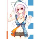  cat_hood cleavage headphones hoodie jewelry large_breasts lowres midriff navel necklace nitroplus pink_eyes pink_hair sample shirahane_nao shorts smile super_sonico 
