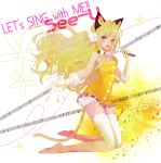 animal_ears asga bad_id bare_shoulders blonde_hair blue_eyes cat_tail character_name gloves kemonomimi_mode long_hair microphone open_mouth seeu skirt smile solo staff_(music) tail thigh-highs thighhighs very_long_hair vocaloid white_legwear zettai_ryouiki 