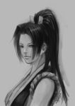  breasts cleavage fatal_fury hair_ribbon highres king_of_fighters large_breasts lips long_hair monochrome ninja nose ponytail realistic ribbon shiranui_mai signature sketch snk solo solusemsu 