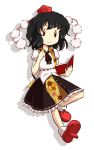  ascot black_hair geta hand_on_hip hat hips leaf maple_leaf mazume notebook pen pom_pom_(clothes) shameimaru_aya solo tokin_hat touhou |_| 