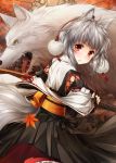  1girl animal_ears blush chain detached_sleeves hat inubashiri_momiji japanese_clothes katana kei_kei leaf looking_at_viewer maple_leaf red_eyes short_hair silver_hair solo sword tail tokin_hat touhou weapon wolf wolf_ears wolf_tail 