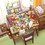 bird brooch chair curtains drawer eijima_moko eurasian_tree_sparrow floor from_above jar jewelry needle no_humans original parakeet pencil picture_(object) scissors sewing_kit snack sparrow stationery table tape_measure thread tissue tissue_box tree window 
