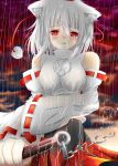  bare_shoulders blush breasts bust detached_sleeves fang inubashiri_momiji kagamihino large_breasts rain red_eyes solo sword tears touhou weapon wet wide_sleeves 