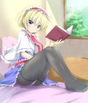  alice_margatroid blonde_hair blue_eyes blush book capelet curtains dress frills frown hairband on_bed panties panties_under_pantyhose pantyhose pen-zin sitting solo touhou underwear window 