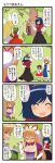  4girls 4koma :&lt; :3 animal_ears arm_up arms_up belt blonde_hair blue_hair blush bow breasts brown_hair cat_ears cat_tail chen cleavage closed_eyes comic dei_shirou dress elbow_gloves eyes_closed fox_tail gloves grin hair_ornament hat hat_ribbon hat_with_ears hiding highres long_hair mirror multiple_girls multiple_tails open_mouth purple_dress red_dress ribbon shirt short_hair skirt smile tabard tail tail_raised touhou translation_request tree trembling tsundere white_dress white_gloves yakumo_ran yakumo_yukari yasaka_kanako |_| 