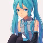  aqua_eyes aqua_hair bad_id bare_shoulders detached_sleeves fkey hatsune_miku looking_at_viewer necktie pantyhose sitting solo twintails vocaloid 
