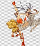  2girls ankle_wraps armpits black_hair blonde_hair blue_eyes breasts capcom checkered checkered_background curly_hair final_fight genryuusai_maki ibuki jumping kote kunai lips long_hair mouth_hold multiple_girls muscle ninja ponytail scarf steven_mack street_fighter street_fighter_iii toast toast_in_mouth tonfa torn_clothes torn_sleeves upside-down vambraces very_long_hair weapon 
