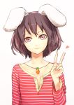  alternate_costume alternate_eye_color animal_ears brown_eyes brown_hair bunny_ears carrot casual contemporary face heart inaba_tewi jewelry light_smile looking_at_viewer necklace pt shirt short_hair solo striped striped_shirt touhou unbuttoned v 